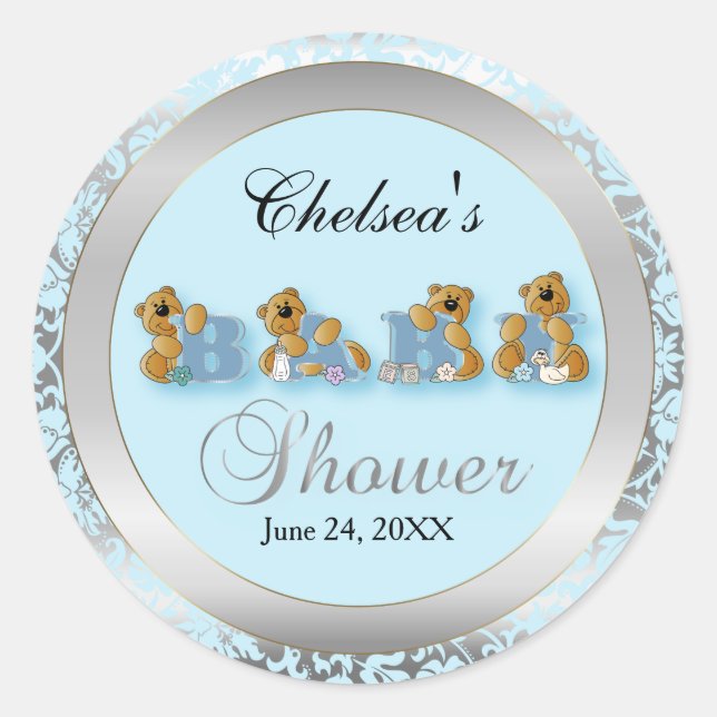 Blue & Silver Damask Teddy Bears | Baby Shower Classic Round Sticker (Front)