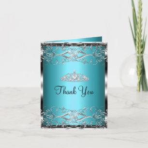 Blue Silver Damask & Tiara Sweet16 Thank You Card