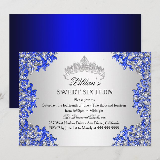 Blue Silver Damask Tiara Sweet 16 Invitation (Devant / Derrière)