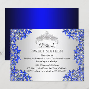 Blue Silver Damask Tiara Sweet 16 Invitation
