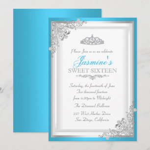 Blue Silver Damask & Tiara Sweet 16 Invitation