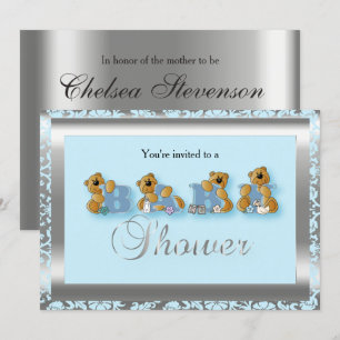 Blue & Silver Damask with Teddy Bear   Baby Shower Invitation