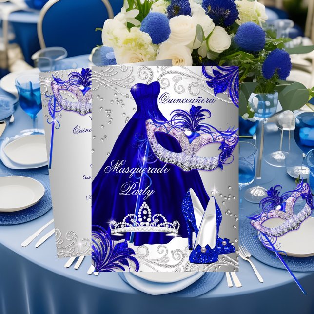 Blue Silver Dress masquerade Quinceanera Invite (Creator Uploaded)