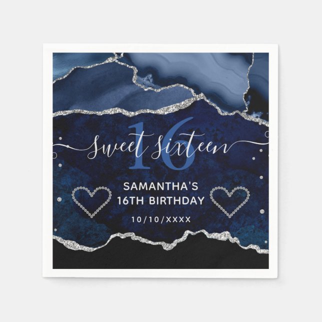 Blue & Silver Faux Glitter Agate Marble Sweet 16 Napkin (Front)