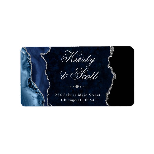 Blue & Silver Faux Glitter Agate Wedding Label (Front)