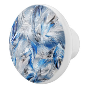 Blue Silver Feather Elegant Stylish Home Accent Ceramic Knob