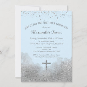 Blue Silver First Holy Communion Invitation Garçon