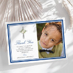 Blue Silver First Holy Communion Photo Thank You<br><div class="desc">Elegant first holy communion thank you cards featuring a simple white background that can be changed to any colour,  a navy blue double border,  a religious silver cross with white flowers,  a photo of your child,  and a modern thank you template that is easy to personalize.</div>