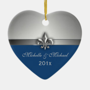 Blue Silver Fleur de Lis Couple First Christmas Ceramic Ornament