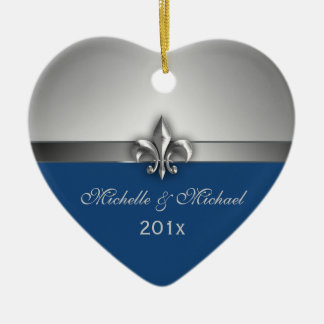 Blue Silver Fleur de Lis Couple First Christmas Ceramic Ornament