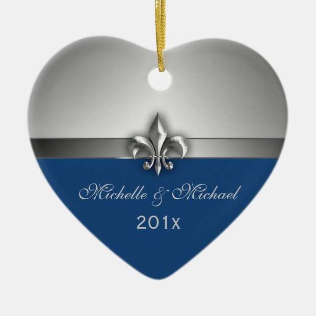 Blue Silver Fleur de Lis Couple First Christmas Ceramic Ornament (Front)