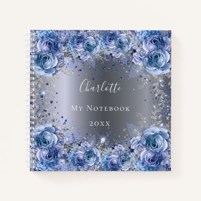 Blue silver floral glitter dust metallic name notebook (Front)