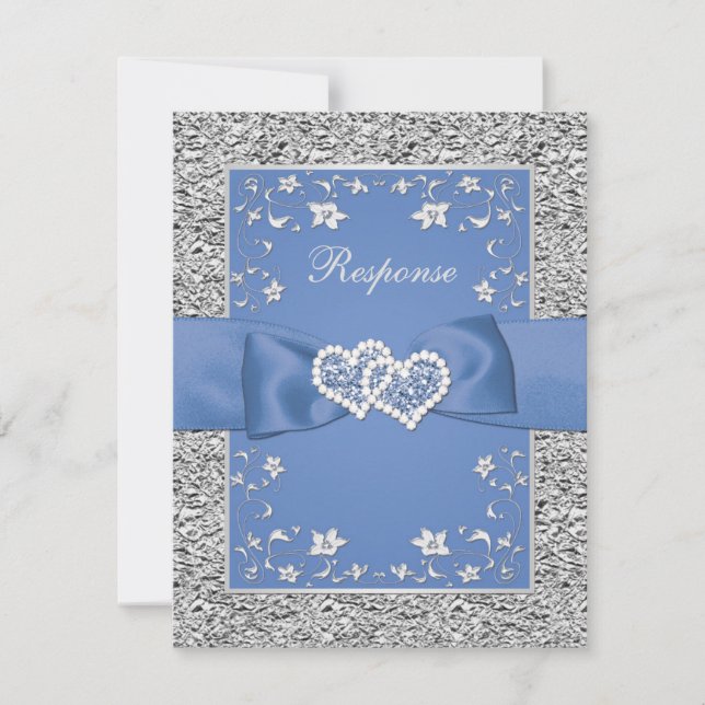 Blue Silver Floral Hearts FAUX Foil Wedding RSVP Card (Front)