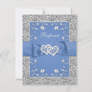 Blue Silver Floral Hearts FAUX Foil Wedding RSVP Card