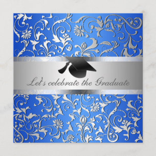 Blue Silver Floral Pattern Black Graduation Hat Invitation