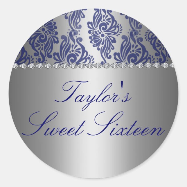 Blue & Silver Floral Print Sweet 16 Sticker (Front)