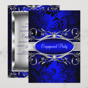 Blue Silver Floral Swirl Engagement Party Invitation