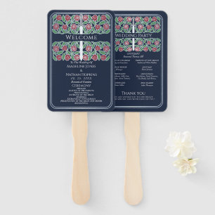 Blue Silver Floral Sword Royal Wedding Program Hand Fan