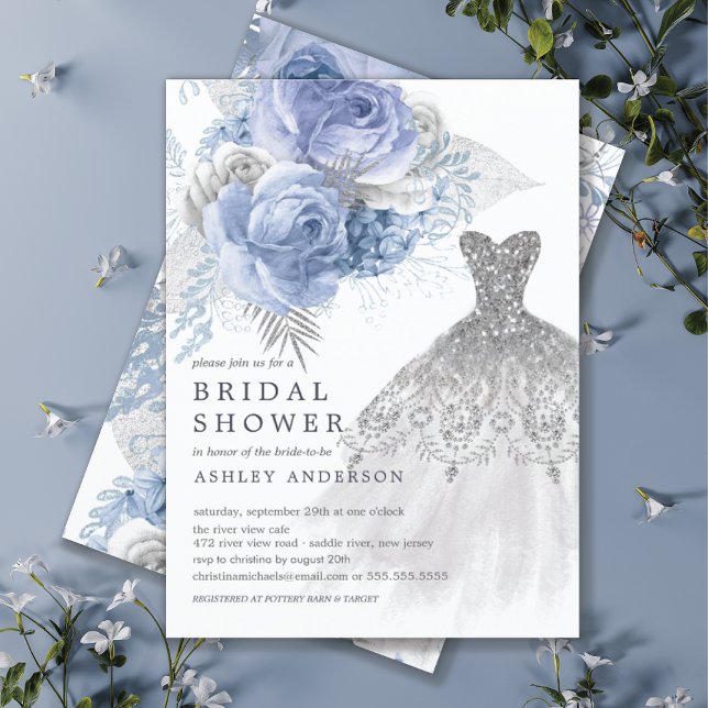 Blue & Silver Floral Wedding Dress Bridal Shower Invitation (Creator Uploaded)