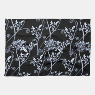 Blue Silver Flower Vines On Black Kitchen Towel