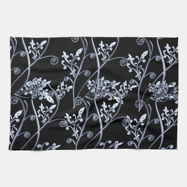 Blue Silver Flower Vines On Black Kitchen Towel (Horizontal)
