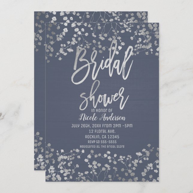 Blue Silver Foil Babys Breath Modern Bridal Shower Invitation (Front/Back)