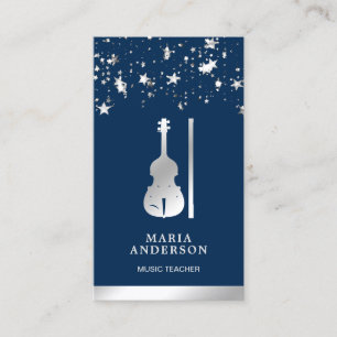 Blue Silver Foil Violin Music Teacher Violinist Business Card
