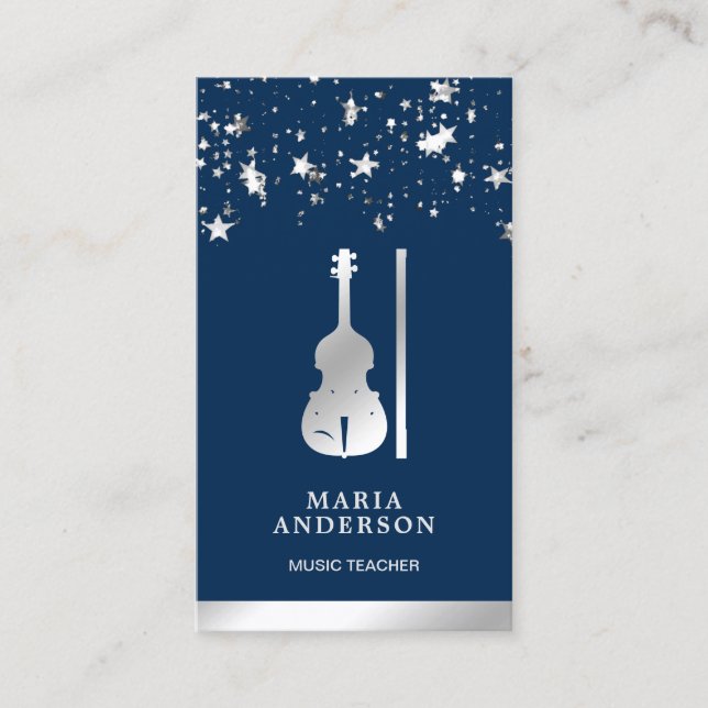 Blue Silver Foil Violin Music Teacher Violinist Business Card (Front)