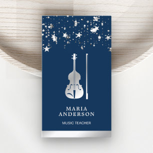 Blue Silver Foil Violin Music Teacher Violinist Business Card