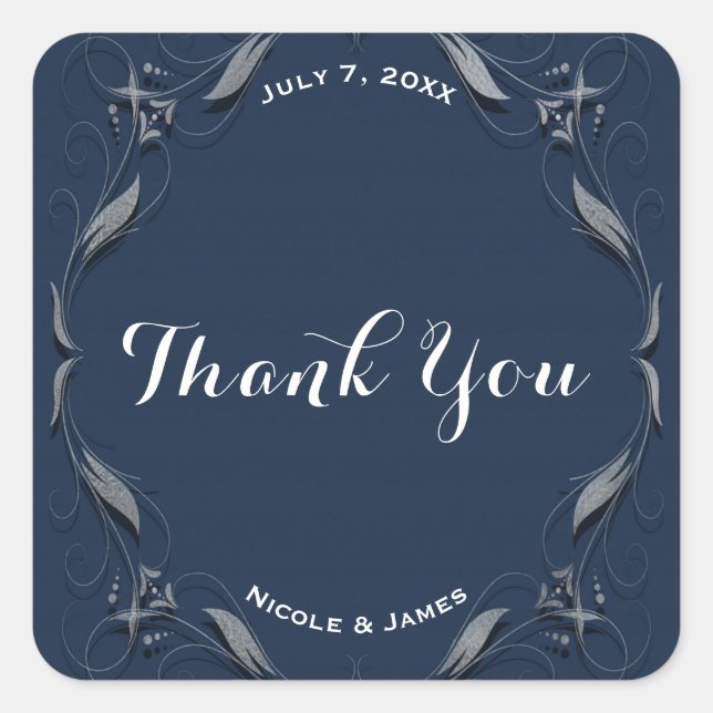 Blue & Silver Frame Elegant Wedding Favour Custom Square Sticker (Front)
