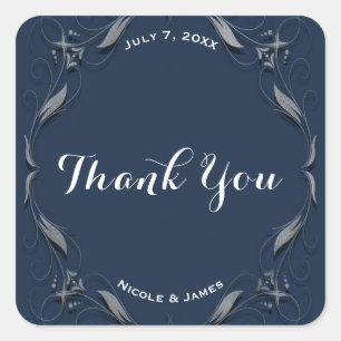 Blue & Silver Frame Elegant Wedding Favour Custom Square Sticker