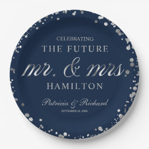 Blue Silver Future Mr and Mrs Engagement Party Paper Plate