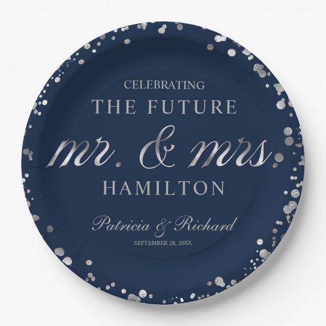 Blue Silver Future Mr and Mrs Engagement Party Paper Plate (Front)