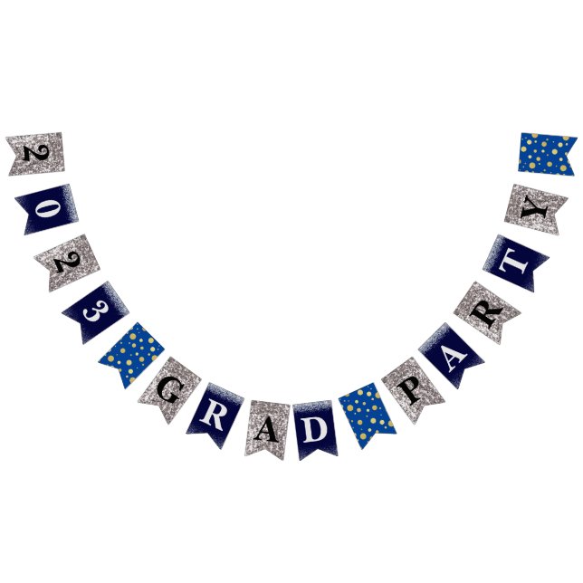 Blue Silver Glitter 2023 Grad Party Bunting Flags (All)