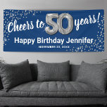 Blue Silver Glitter 50th Birthday Banner<br><div class="desc">Elegant fiftieth birthday party banner featuring a stylish blue background that can be changed to any colour,  silver sparkly glitter,  fifty silver hellium balloons,  and a modern 50th birthday celebration text template that is easy to personalize.</div>