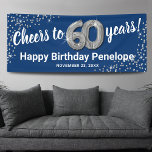 Blue Silver Glitter 60th Birthday Banner<br><div class="desc">Elegant sixtieth birthday party banner featuring a stylish blue background that can be changed to any colour,  silver sparkly glitter,  sixty silver hellium balloons,  and a modern 60th birthday celebration text template that is easy to personalize.</div>