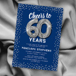 Blue Silver Glitter 60th Birthday Template<br><div class="desc">Elegant sixtieth birthday party invitation featuring a stylish blue background that can be changed to any colour,  silver sparkly glitter,  sixty silver hellium balloons,  and a modern 60th birthday celebration text template that is easy to personalize.</div>