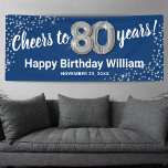Blue Silver Glitter 80th Birthday Banner<br><div class="desc">Celebrate a milestone birthday in style with our elegant eightieth birthday party banner. Boasting a customizable stylish blue background, faux silver sparkle, and modern 80th birthday celebration text, this banner is the perfect way to make a statement. Plus, our eighty silver helium balloons add an extra touch of glamour. Easily...</div>