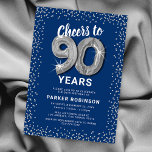 Blue Silver Glitter 90th Birthday Template<br><div class="desc">Elegant ninetieth birthday party invitation featuring a stylish blue background that can be changed to any colour,  silver sparkly glitter,  ninty silver hellium balloons,  and a modern 90th birthday celebration text template that is easy to personalize.</div>