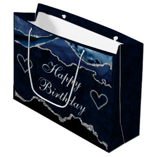Blue & Silver Glitter Agate Happy Birthday Large Gift Bag