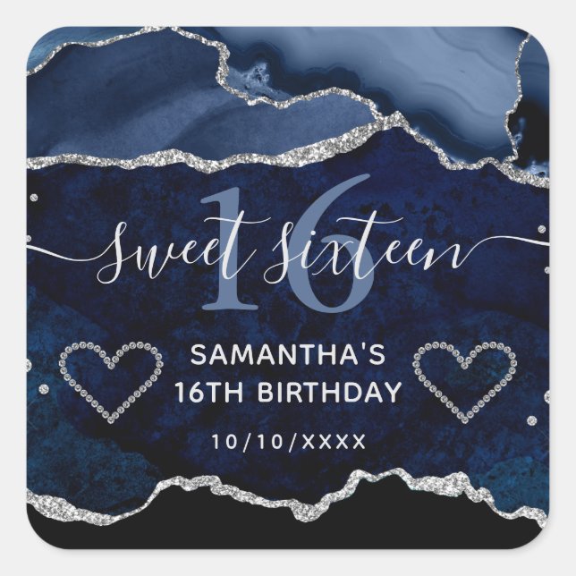 Blue & Silver Glitter Agate Marble Sweet 16 Square Sticker (Front)
