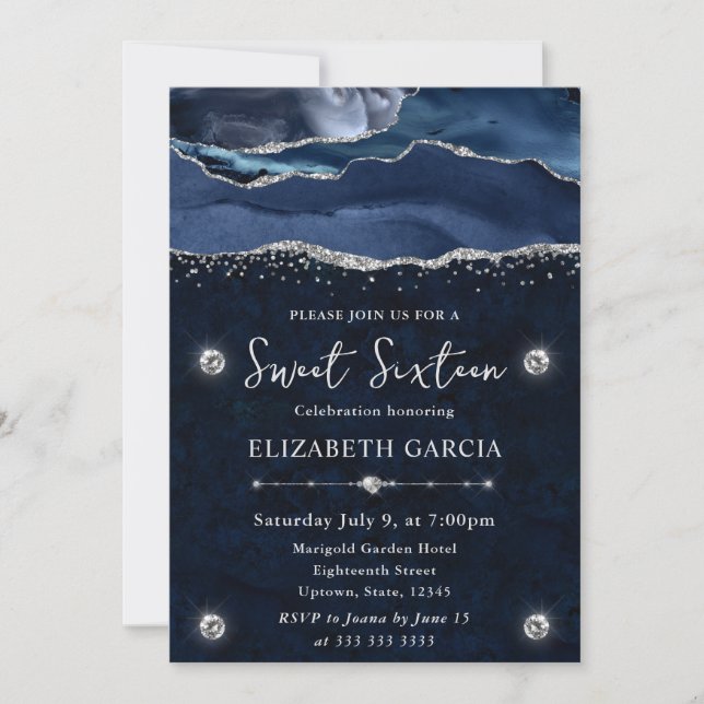 Blue & Silver  Glitter Agate Sweet 16 Invitation (Front)