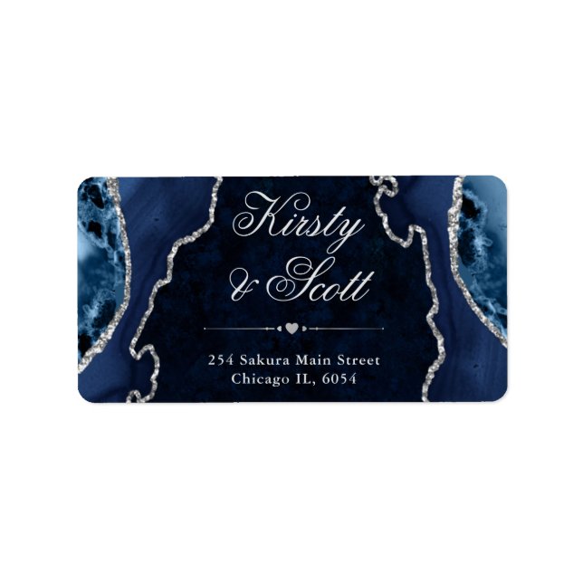 Blue & Silver Glitter Agate Wedding address label (Front)