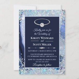 Blue Silver Glitter Agate Wedding Invitation