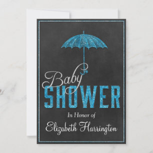 Blue Silver Glitter Baby Boy Shower Umbrella Invitation