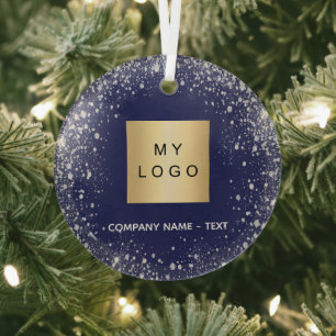 Blue silver glitter business comapany logo glass ornament