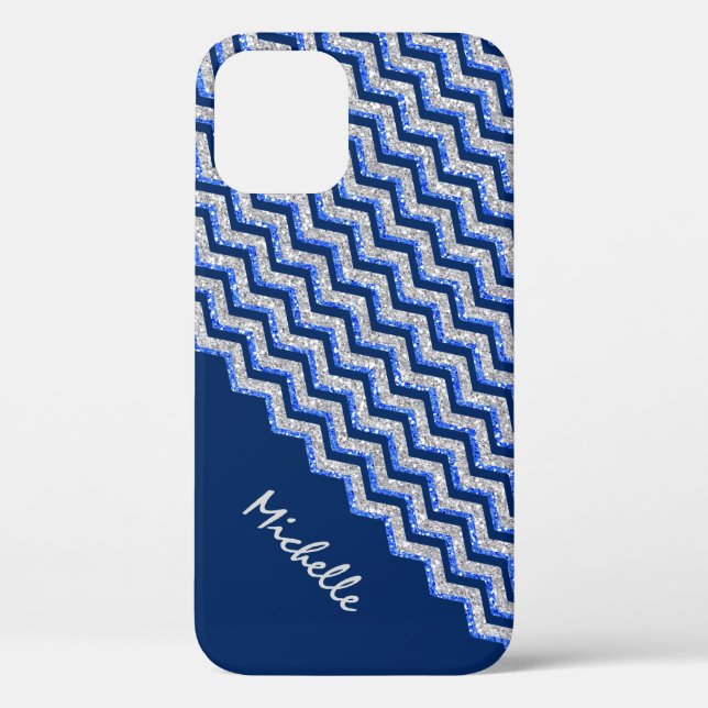 Blue Silver Glitter Chevron Personalized Case-Mate iPhone Case (Back)