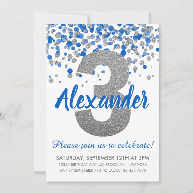 Blue Silver Glitter Confetti Boy Third Birthday Invitation (Front)