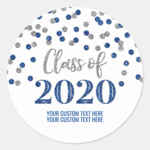 Blue Silver Glitter Confetti Graduation 2020 Classic Round Sticker