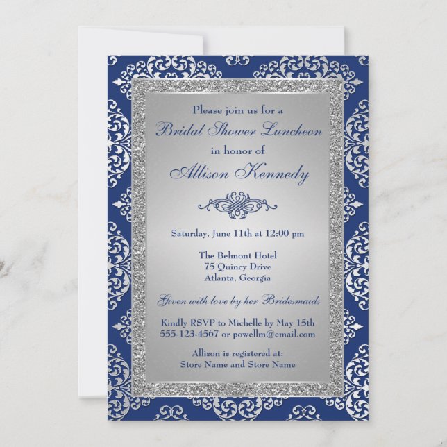 Blue, Silver Glitter Damask Bridal Shower Invite (Front)